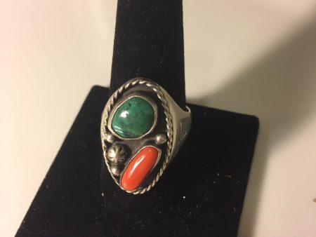 Vintage heavy Sterling Silver Turquoise and coral ring For Sale