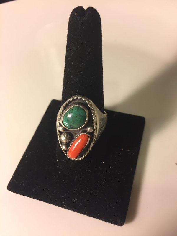 Vintage heavy Sterling Silver Turquoise and coral ring For Sale