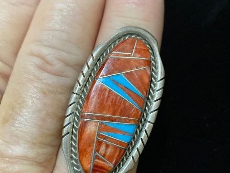 Zuni inlay spiny and turquoise ring Hot on Sale