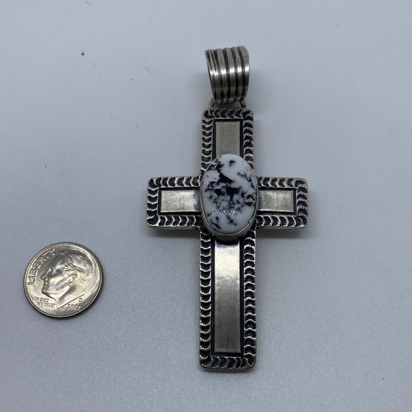 Solid Heavy Sterling Silver and White Buffalo cross pendant 3 inches Cheap