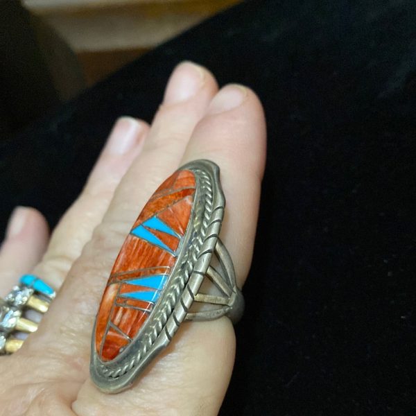 Zuni inlay spiny and turquoise ring Hot on Sale