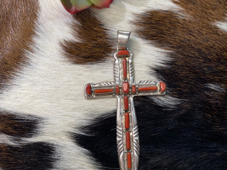 Very large, heavy sterling silver cross with Red Coral Online now