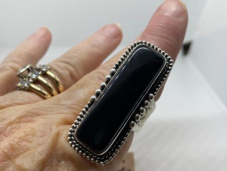 BLACK ONYX BAR RING For Sale