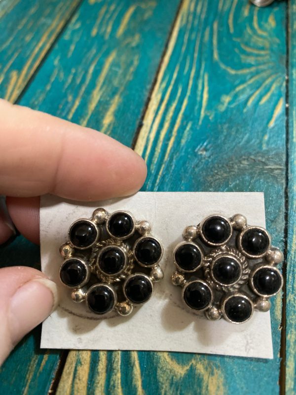 Black Onyx  Sterling Silver button earrings Hot on Sale