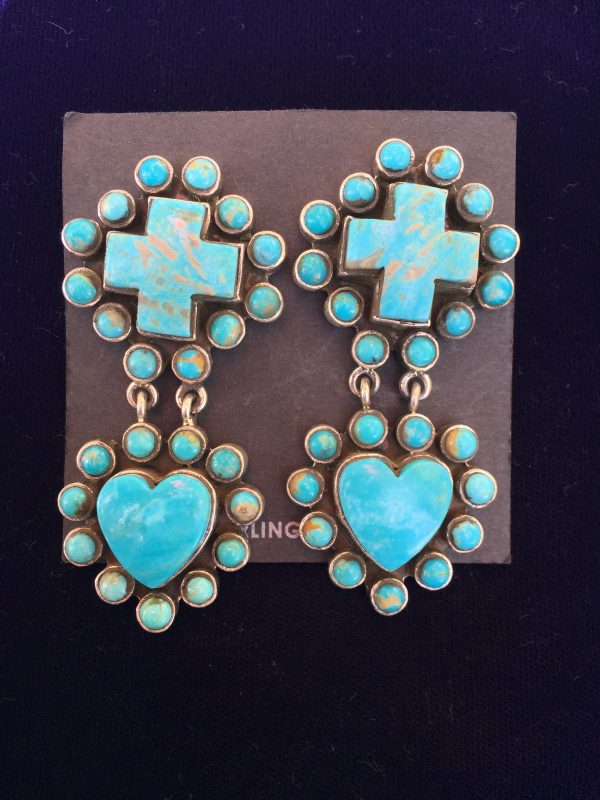 Cross and Heart Earrings - Blue Sale